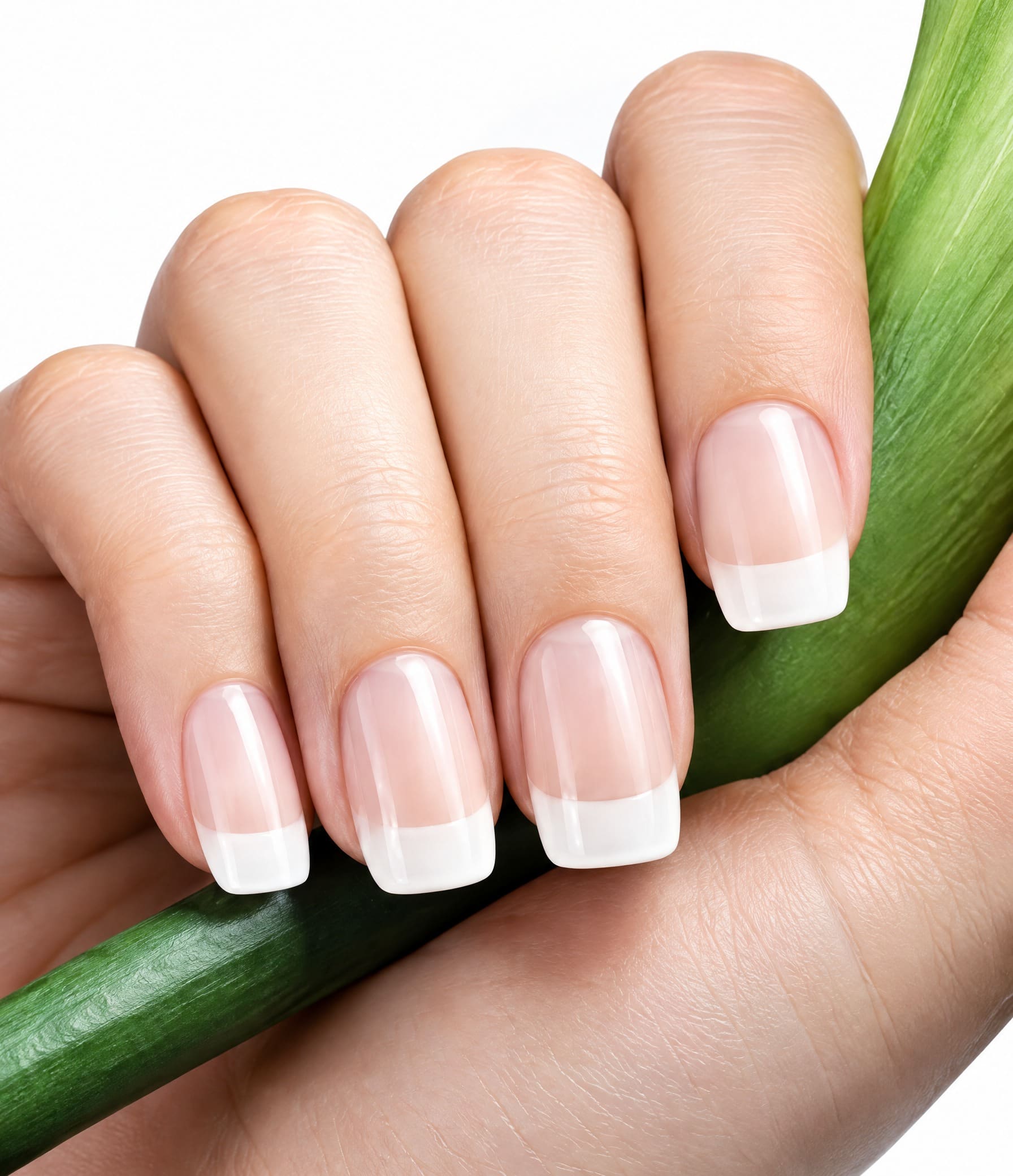 Verzorgde hand met french manicure om een groene stengel